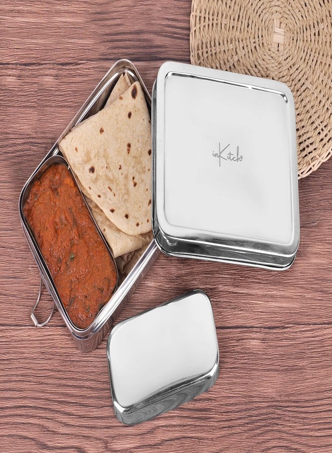 inKitch Stainless Steel Square Tiffin Box for Kids & Office | 650ML Rectangle Lunch Box with Inner Box & Locking Clip | Leak-Proof Steel Tiffin for School, College & Work | Durable & Food Safe - Image 1